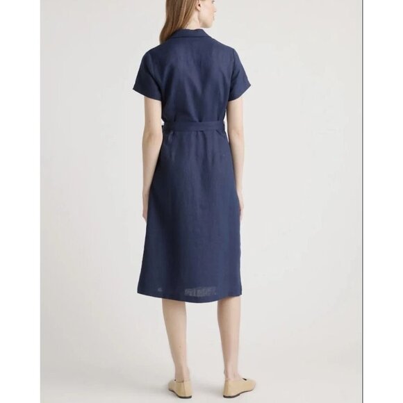 Quince Womens Small Navy Short Sleeve 100% European Linen Button Up Midi Dress - Picture 3 of 12